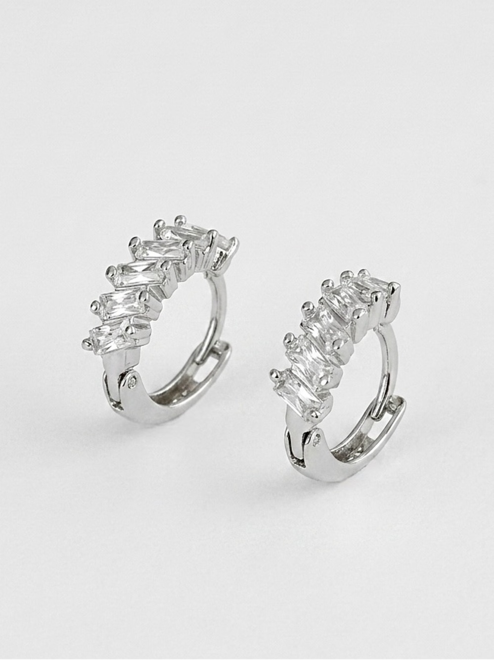 Platinum Plated CZ Baguette Cut Huggie Hoop Earrings Dainty Hypoallergenic
